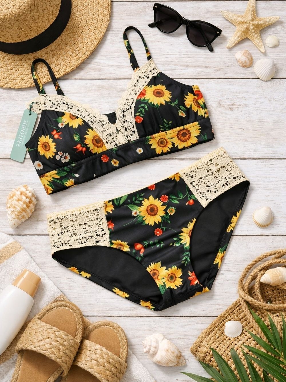 Sunflower Lace Trim Black Bikini - Women's Two-Piece Swim - Picture 2 of 4